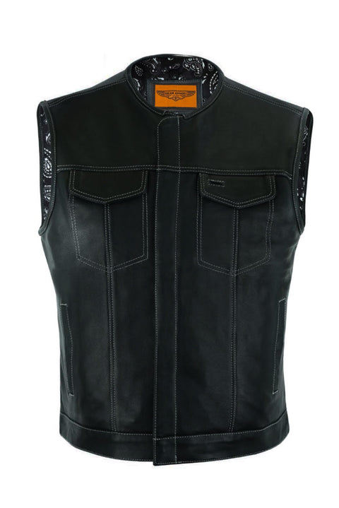 Dream Apparel Mens Club Vest Black Paisley Liner, White Thread Front Zipper Conceal Gun Pockets