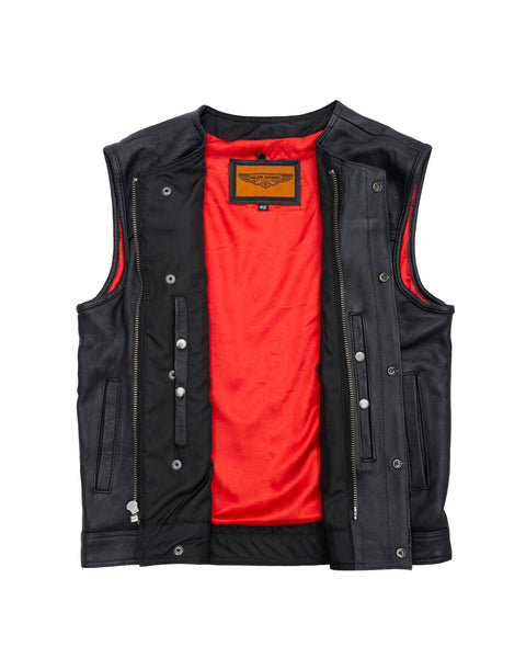 Mens Zippered No Collar Leather Motorcycle Club Vest with Red Liner Quick Draw Conceal Pockets