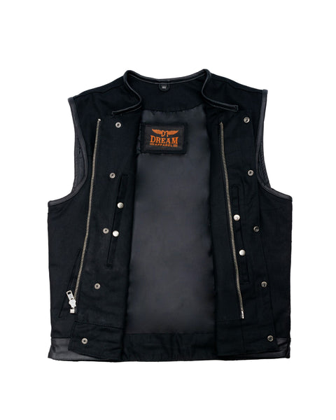 Mens Black Denim Biker Vest With Leather Trims & Front Zipper