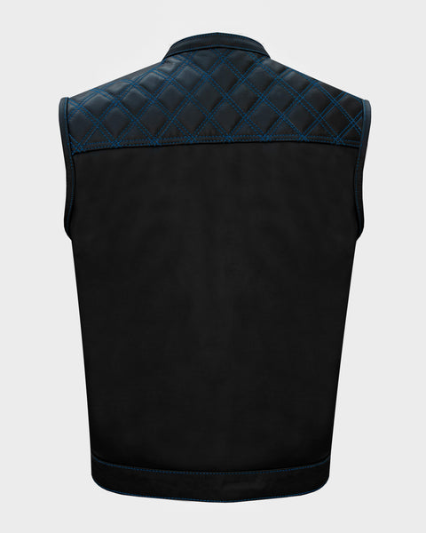 Dream Apparel Mens Black Club Vest Diamond Design Blue Thread Premium Cowhide Leather