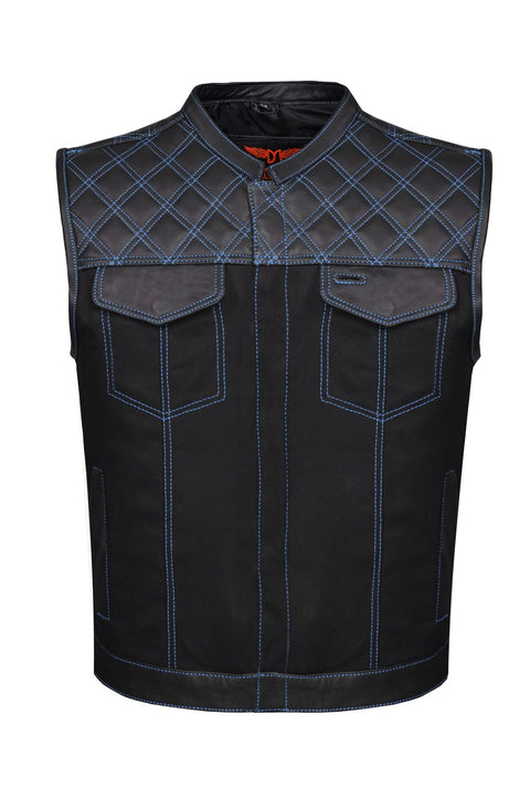 Dream Apparel Mens Black Club Vest Diamond Design Blue Thread Leather & Denim