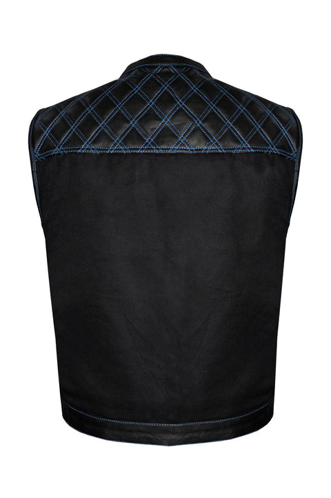 Dream Apparel Mens Black Club Vest Diamond Design Blue Thread Leather & Denim