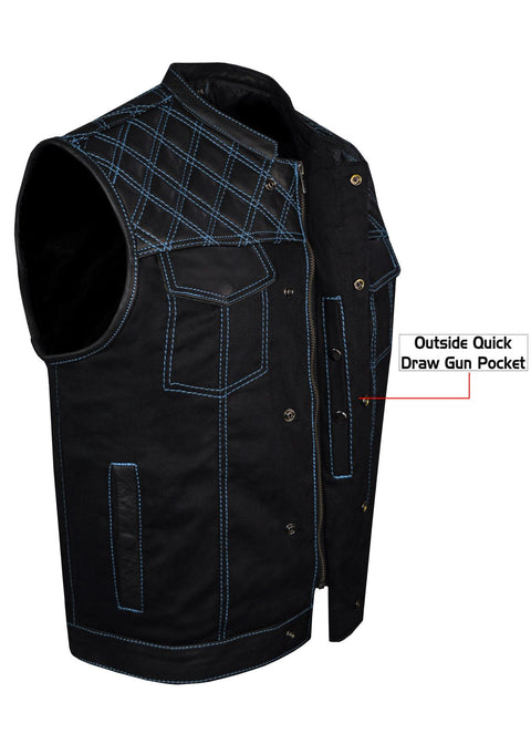 Dream Apparel Mens Black Club Vest Diamond Design Blue Thread Leather & Denim