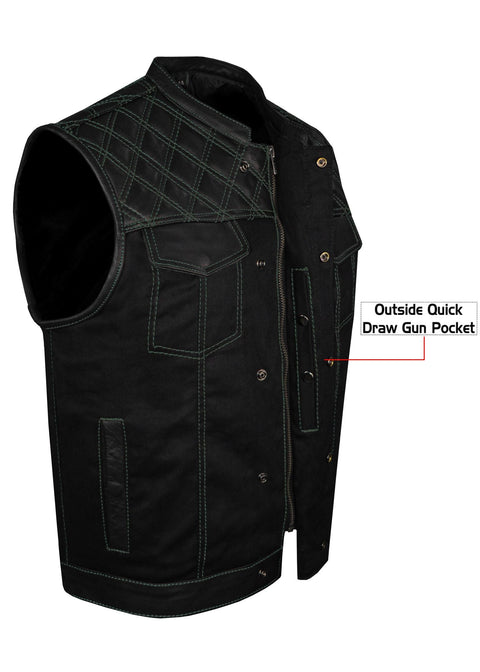 Dream Apparel Mens Black Club Vest Diamond Design Green Thread Leather & Denim