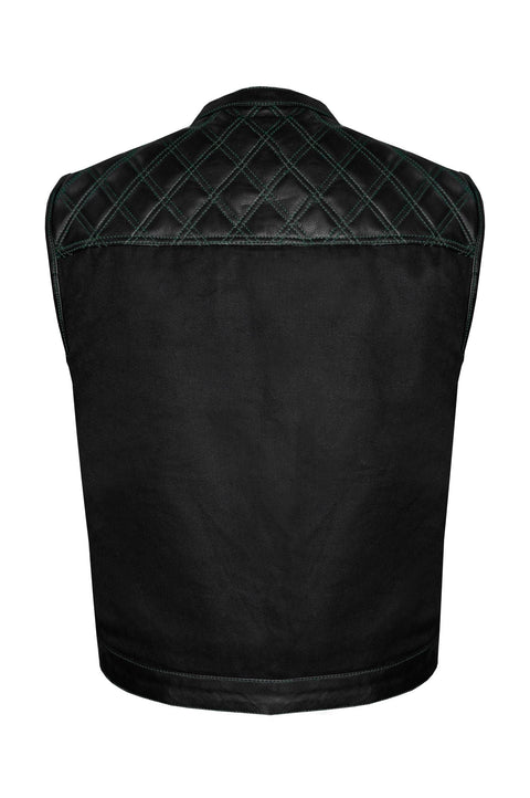 Dream Apparel Mens Black Club Vest Diamond Design Green Thread Leather & Denim