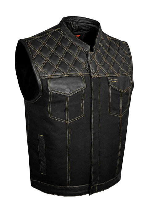 Dream Apparel Mens Black Club Vest Diamond Design Gold Thread Leather & Denim, Diamond Padding