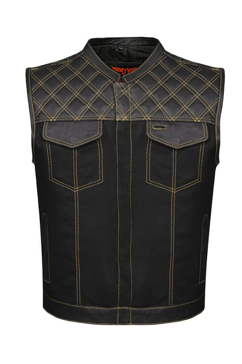 Dream Apparel Mens Black Club Vest Diamond Design Gold Thread Leather & Denim, Diamond Padding