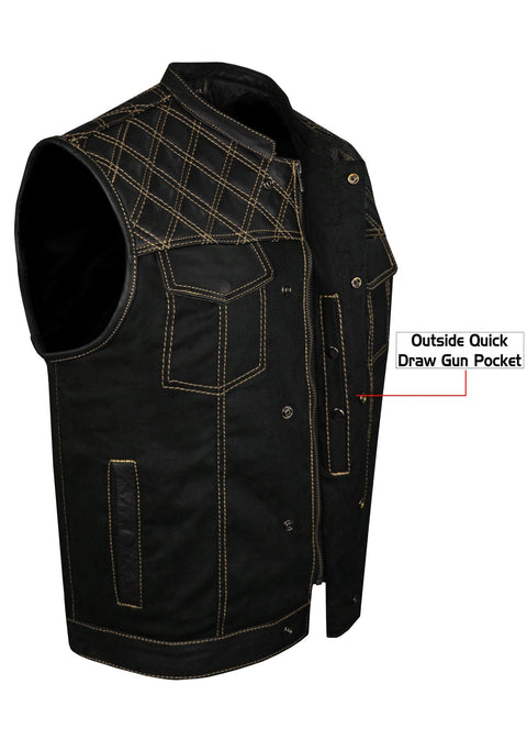 Dream Apparel Mens Black Club Vest Diamond Design Gold Thread Leather & Denim, Diamond Padding