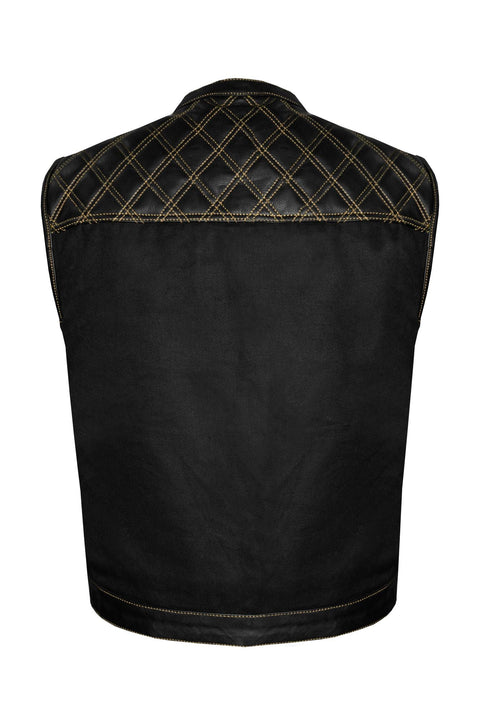 Dream Apparel Mens Black Club Vest Diamond Design Gold Thread Leather & Denim, Diamond Padding