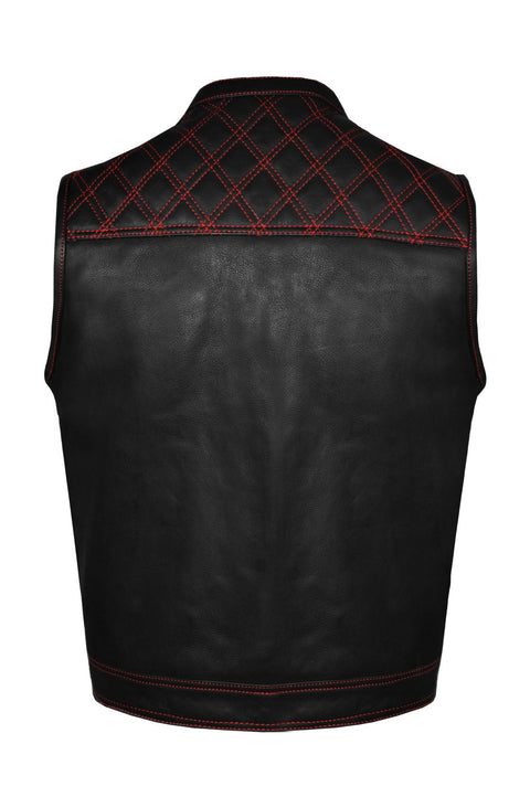 Mens Premium Naked Leather Motorcycle Club Vest Red Thread Zipper Front, Diamond Padding