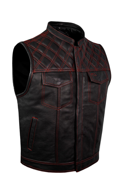 Dream Apparel Mens Naked Leather Motorcycle Club Vest Red Thread Zipper Front, Diamond Padding