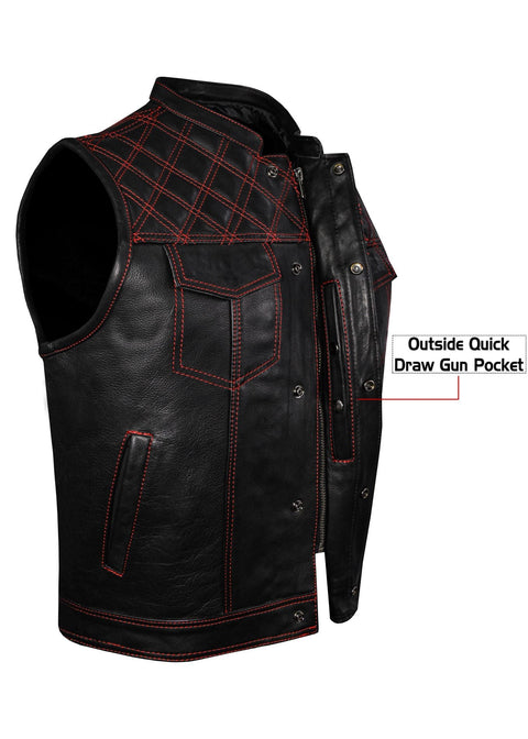 Dream Apparel Mens Naked Leather Motorcycle Club Vest Red Thread Zipper Front, Diamond Padding