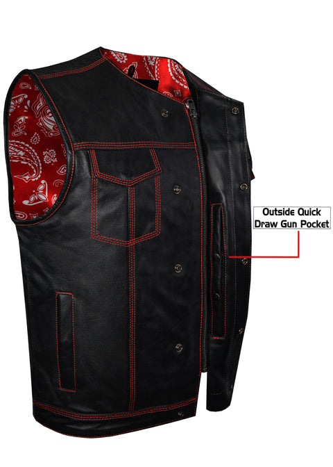 Mens SOA Vest Red Thred Club Vest, Conceal Carry Pockets, Red Paisley Lining