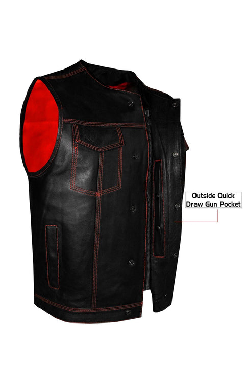 Mens SOA Vest Tripple Red Thread Club Vest, Concealed Gun Pockets, Red Lining