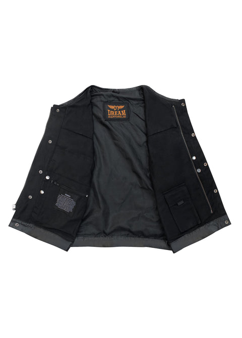 Dream Apparel Men's Premium Black Denim Motorcycle Club Vest Conceal Carry Pockets