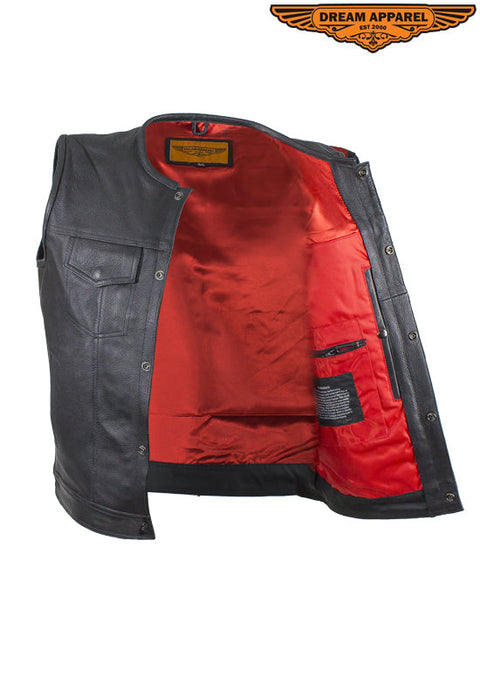 Mens No Collar Leather Motorcycle Club Vest with Red Liner