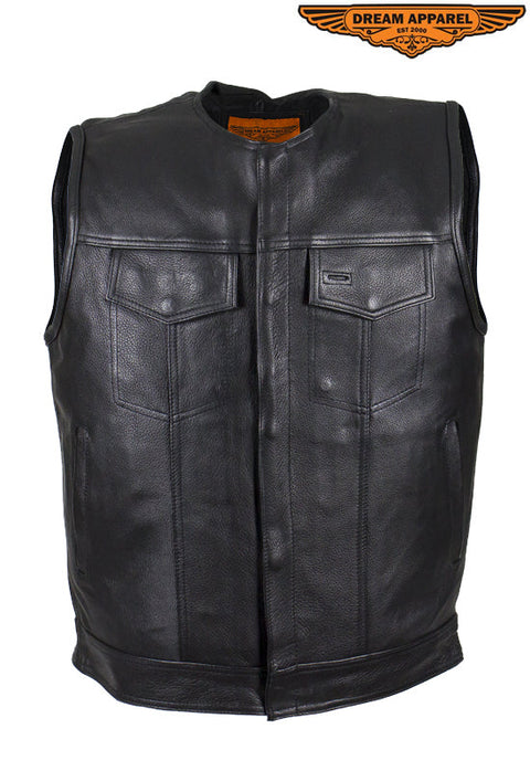 Mens No Collar Leather Motorcycle Club  Vest With Black Liner