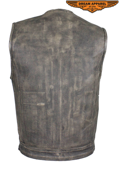 Mens Distressed Brown Leather Motorcycle Club Vest With Zipper & No Collar