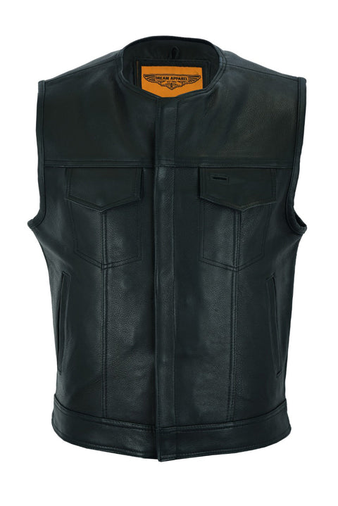 Mens Leather Motorcycle Club Vest With Zipper & No Collar