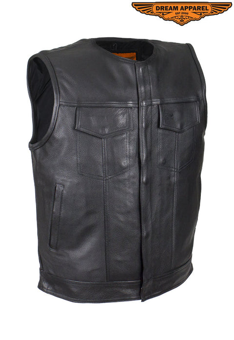 Mens Leather Motorcycle Vest No Collar Concealed Carry Gun Pockets