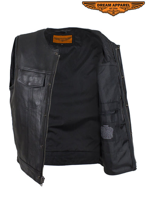 Mens Leather Motorcycle Vest No Collar Concealed Carry Gun Pockets