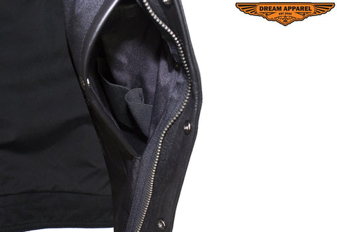 Mens Leather Motorcycle Vest No Collar Concealed Carry Gun Pockets