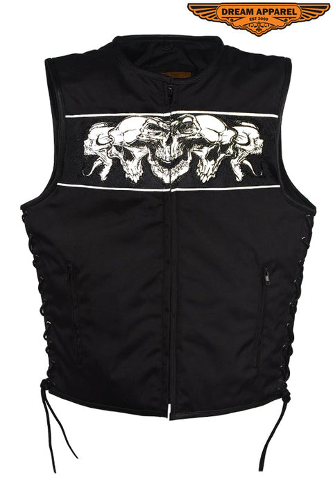 Mens Black Textile Motorcycle Vest With Reflective Skulls Across Chest & Back