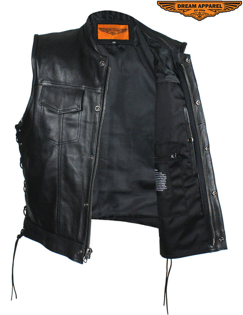 Men's Leather Conceal Carry Pocket Vest with Side Laces