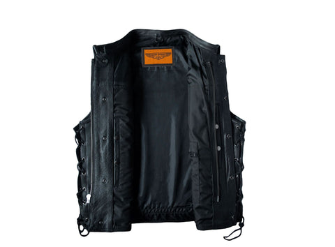 Dream Apparel® Mens Motorcycle CLUB VEST® Side Laces Naked Cowhide Leather, Concealed Gun Pockets