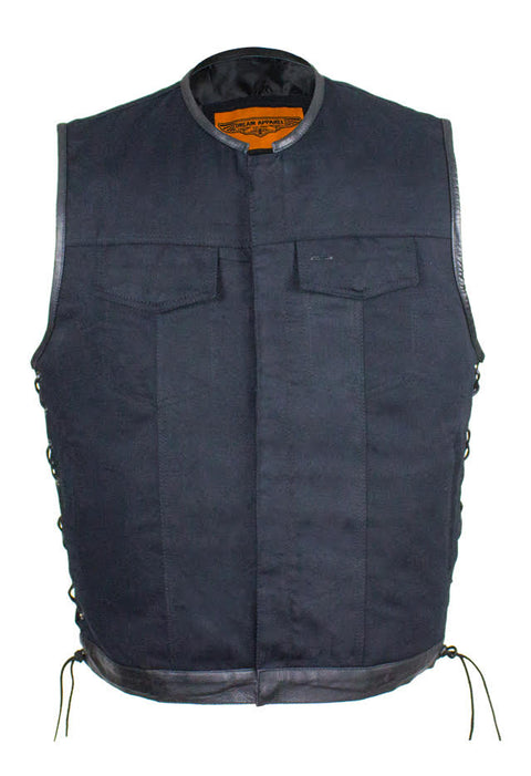 Men's Denim Gun Pocket Club Vest with Side Laces Leather Trim on Neck, Sleeves & bottom