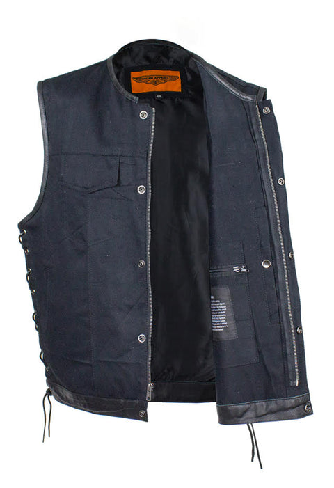 Men's Denim Gun Pocket Club Vest with Side Laces Leather Trim on Neck, Sleeves & bottom