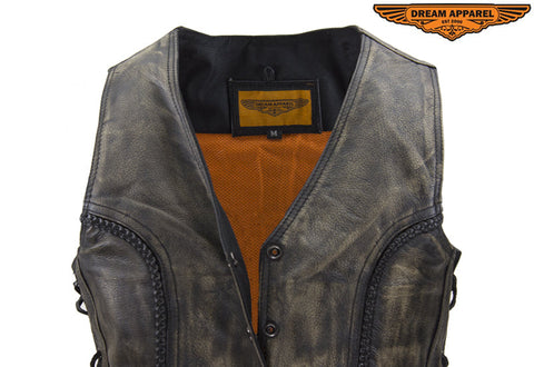 Dream Apparel Womens Longer Cut Distressed Brown Cowhide Leather Motorcycle Vest