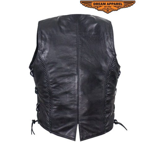 Womens Long Motorcycle Vest With Braid