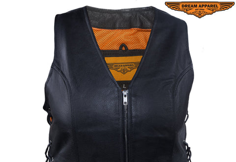 Dream Apparel Womens Leather Motorcycle  Zip Up Leather Vest With Concealed Carry