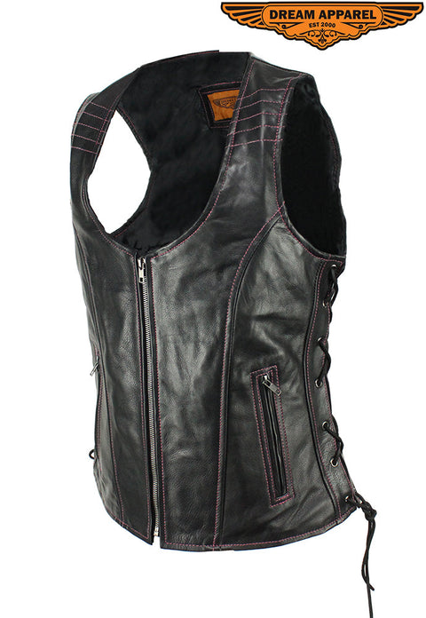 Dream Apparel Women's Naked Black and Pink Motorcycle Leather vest