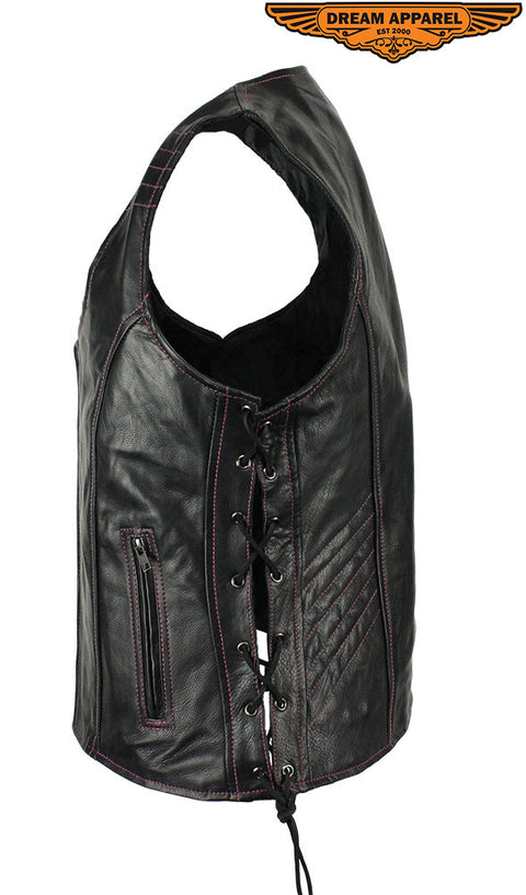 Dream Apparel Women's Naked Black and Pink Motorcycle Leather vest