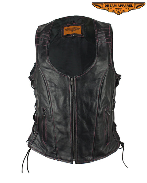 Dream Apparel Women's Naked Black and Pink Motorcycle Leather vest