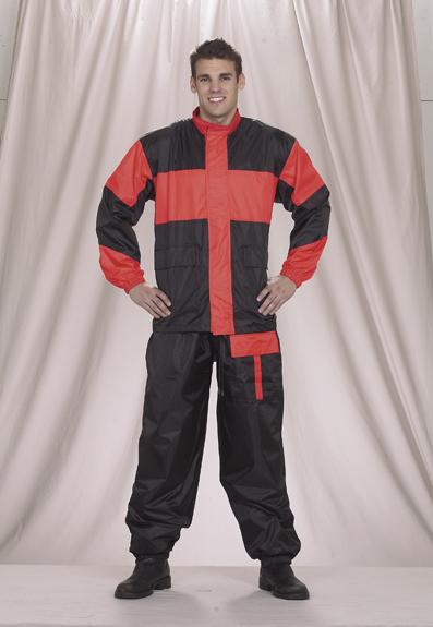 Black & Red Two Piece Motorcycle Rain Suit With Leather