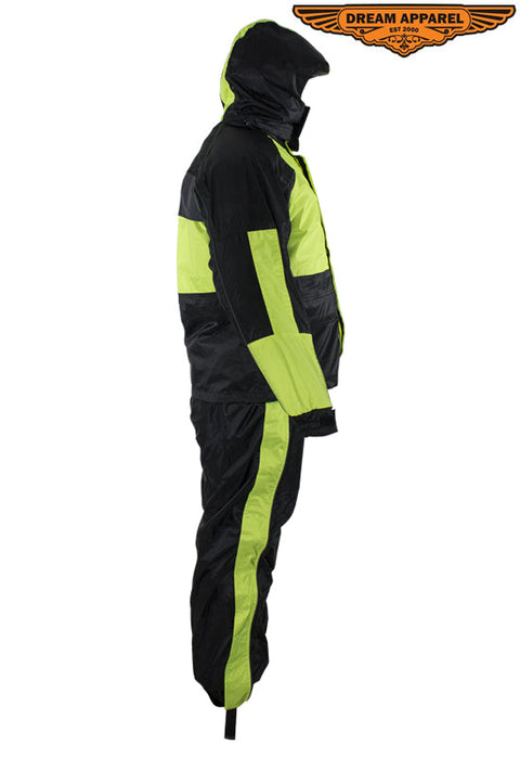 Two-Piece Black & Fluorescent Rain Suit With Zippered Side Seams