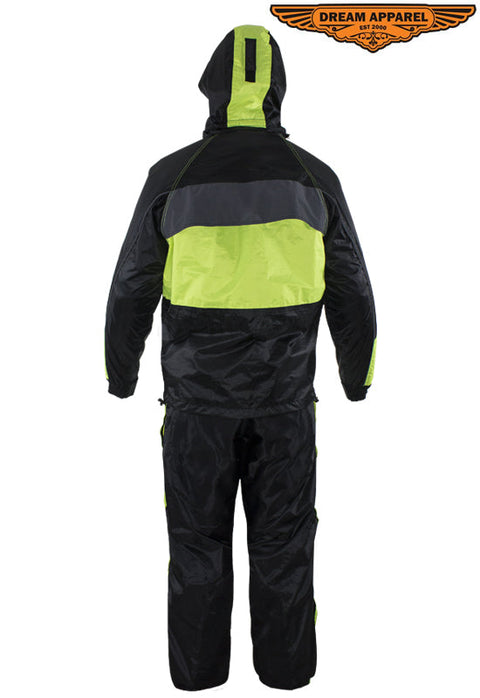 Two-Piece Black & Fluorescent Rain Suit With Zippered Side Seams