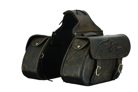 Genuine Distressed Brown Naked Leather Concealed Carry Saddlebag with Flame