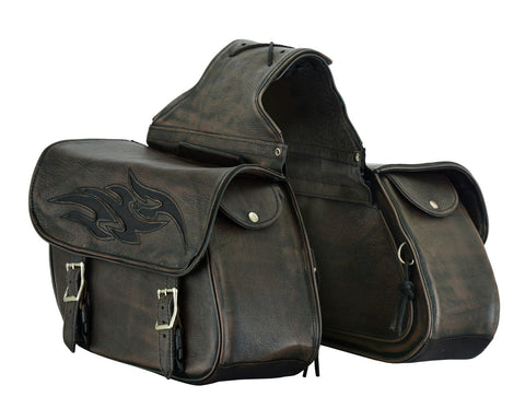 Genuine Distressed Brown Naked Leather Concealed Carry Saddlebag with Flame