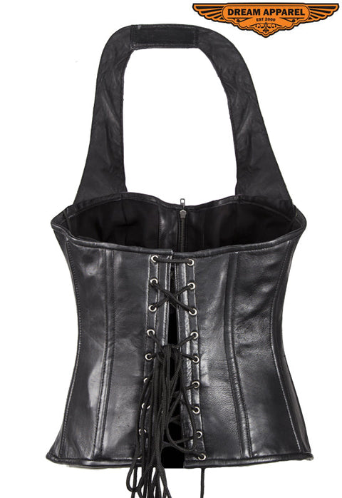 Womens Black Lamb Skin Leather Laces & Zippered Corset