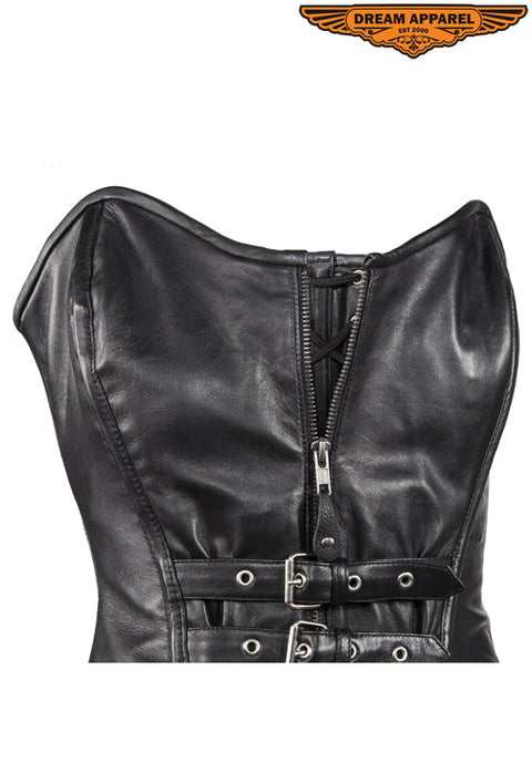 Women's Strapless Lamb Leather Corset With Zipper, Buckle & Lace