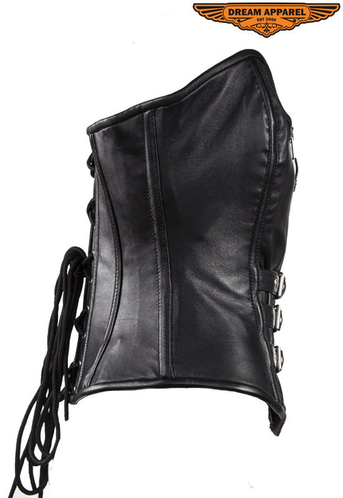 Women's Strapless Lamb Leather Corset With Zipper, Buckle & Lace