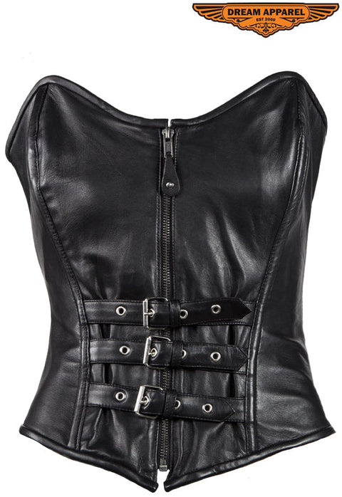 Women's Strapless Lamb Leather Corset With Zipper, Buckle & Lace