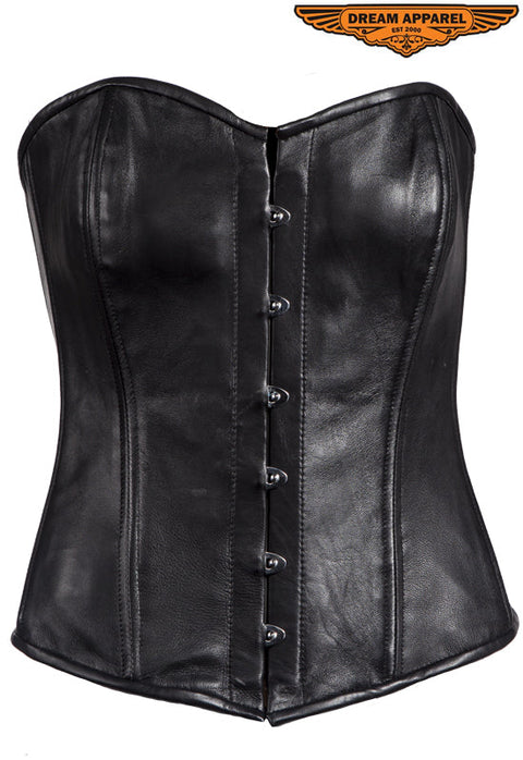 Womens Strapless Lamb Leather Corset With Metal Busks & Grommets