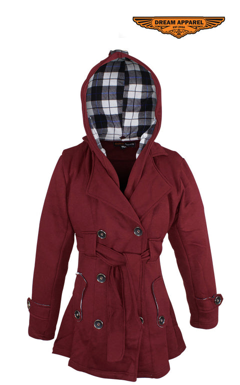 Ladies Burgundy Button Up Coat W/ Belt and Removable Hood