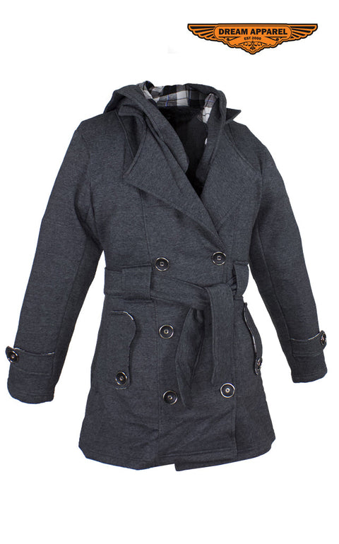 Ladies Dark Grey Button Up Coat W/ Belt and Removable Hood