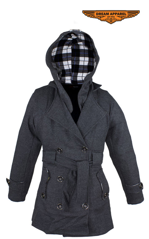 Ladies Dark Grey Button Up Coat W/ Belt and Removable Hood